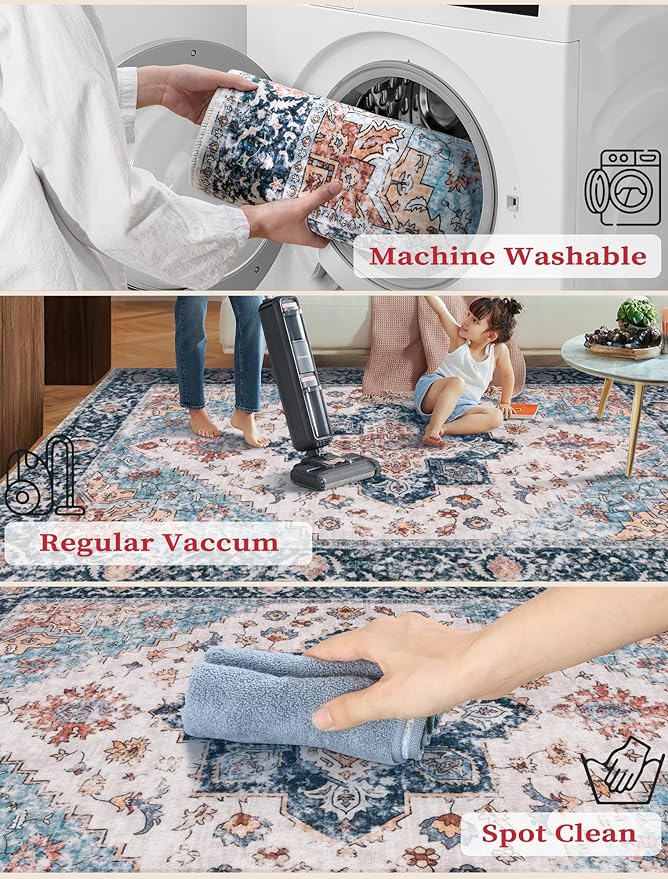 SERISSA Boho Washable Runner Rug, 2x6 Rug Non-Slip Vintage Blue Orange Hallway Kitchen Runner Rug Ultra Soft Print Distressed Tribal Floor Carpet for Bedroom Bathroom Laundry Room
