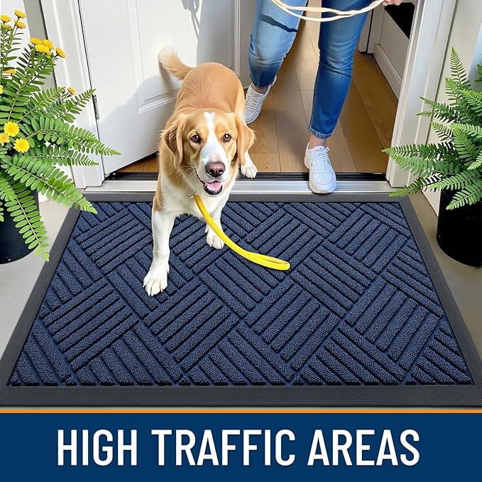 OLANLY Front Door Mat Outside Entrance 47x32, Absorbent, Heavy Duty Sturdy Natural Rubber Doormat Indoor Outdoor, Stain Fade Resistant, Non-Slip Low Profile Floor Mat for Entryway, Navy Blue Diamond