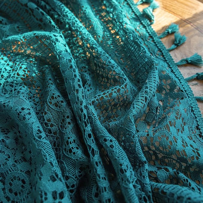 WAZZIO Boho Lace Curtains 84 Inches 2 Panel,Light Filtering Privacy Tassel & Geometry Crochet Semi Sheer Curtain Drapes for Bedroom Living Dining Room,Rod Pocket & Tassel,Coastal Style,Teal