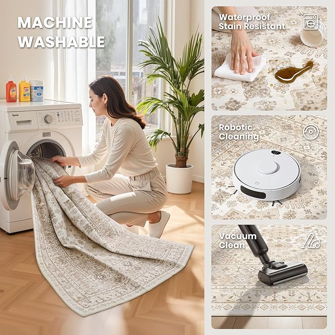 zesthome 7x9 Area Rug, Super Soft Washable Rugs for Living Room, Non-Slip Stain Resistant Vintage Rugs, Ultra-Thin Large Area Rugs (Cream/Beige,7'x9')