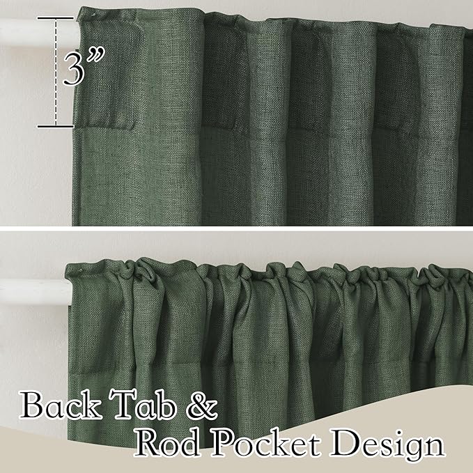RYB HOME Semi Sheer Curtains 90 inches Long, Light Filtering Privacy Natural Farmhouse Linen Texture Drapes for Living Room Bedroom Dining Room, W 52 x L 90 inches, Hunter Green, 2 Panels