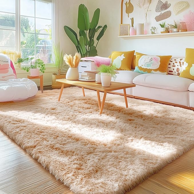 OLANLY 4x4 Machine Washable Accent Rug, Soft Fluffy Shaggy Area Rug for Bedroom, Living Room, Indoor Floor Carpet for Kids, Nursery, Home Decor, Beige