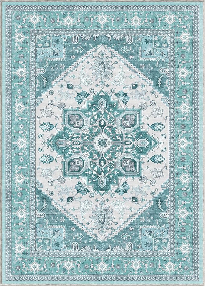 OPPODREAM Soft Area Rugs 4x6, Low-Pile Washable Rugs 4x6 with Non Slip Backing, Faux Cashmere 4 x 6 Throw Carpet, Teal & Turquoise & Cream