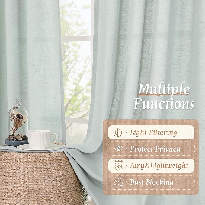 LAMIT 54 Inch Short Window Linen Curtains, Soft Faux Linen Light Filtering Panels Rod Pocket Neutral Drapes for Bedroom/Loft Room, Light Blue, 2 Panels, 42 x 54 Inch