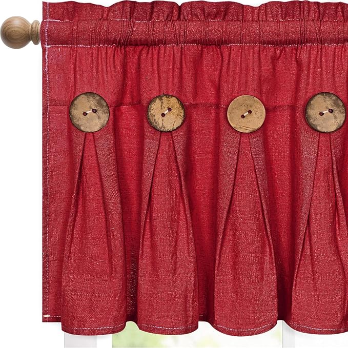 FRAMICS Farmhouse Valance Curtains, Boho Cotton Linen Kitchen Valance, Red Rustic Button Window Valances for Kitchen Bathroom, Country Rod Pocket Valances for Windows Christmas, Red, 52 x 18 Inch