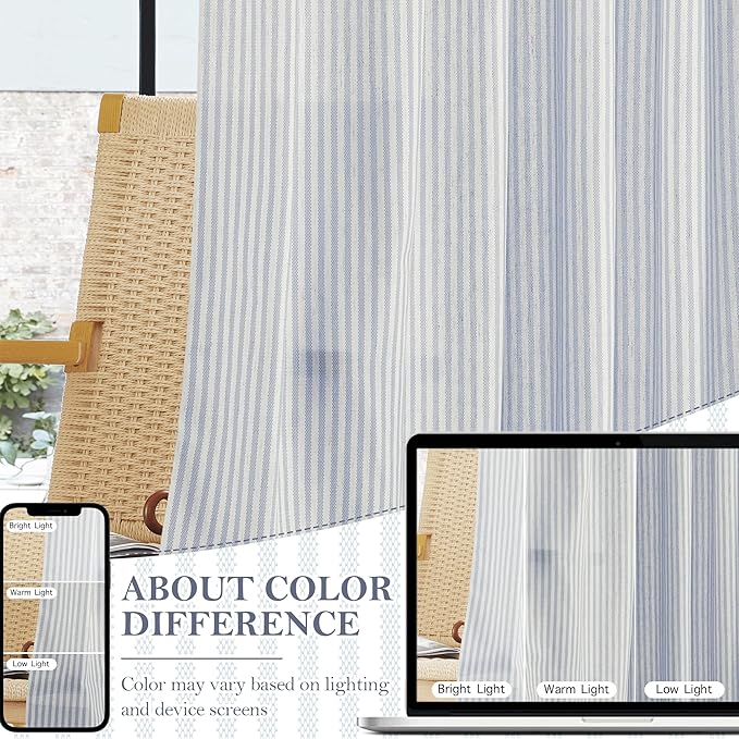 RYB HOME Kitchen Curtains 36 inch Length for Cafe Bathroom Small Window, Striped Linen Pinstripe Drapes Valance Boho Rustic for Living Room Short Tier Farmhouse, Blue, W26 x L36, 2 Panels