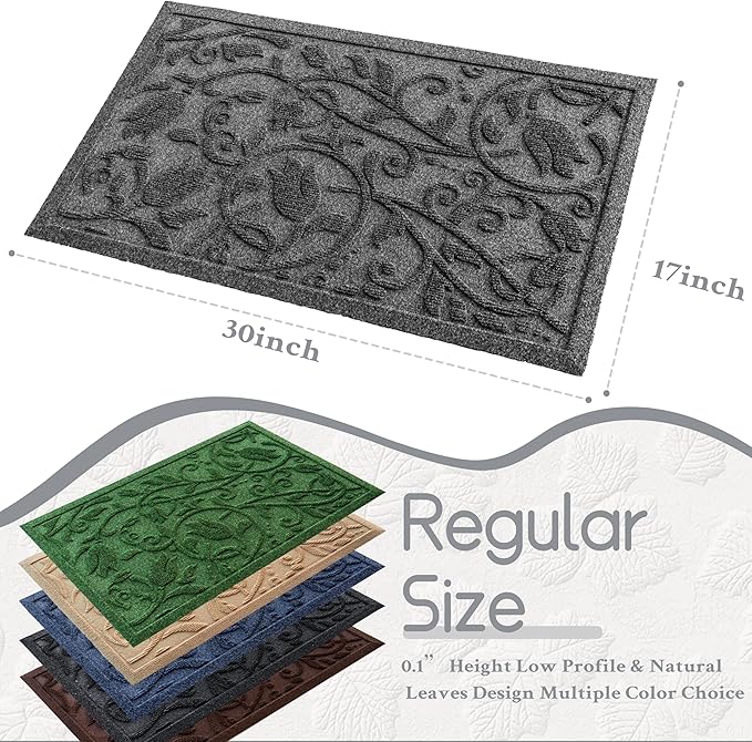 Boho Grey Floral Leaves Outdoor Indoor Entrance Doormats, Absorbent Durable Heavy Duty Welcome Front Door Mat,Thick Natural Rubber Back,Easy Clean Entryway Mat 17x30 Inch, Low Profile