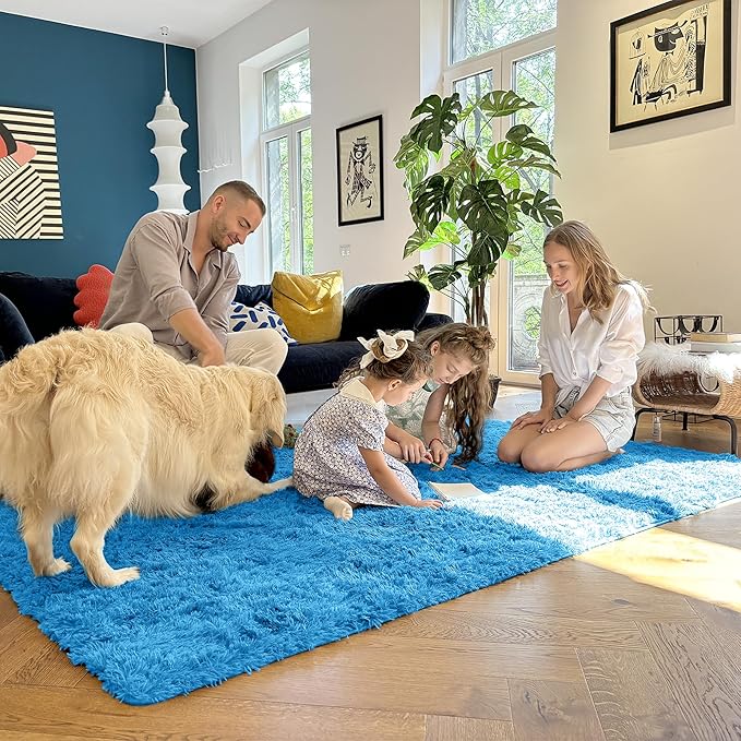 OLANLY 5x8 Machine Washable Large Area Rugs for Living Room, Bedroom, Soft Fluffy Shaggy Bedside Rug, Indoor Floor Carpet for Kids Girls and Boys, Dorms, Nursery, Home Decor Aesthetic, Bright Blue