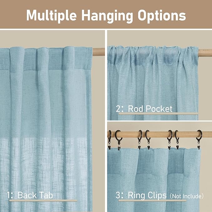 LAMIT Semi Sheer Linen Curtains 45 Inches Long, Light Filtering Panels Back Tab and Rod Pocket Country Decor Drapes for Farmhouse/Window/Bedroom, Stone Blue, 2 Panels, 52 x 45 Inch