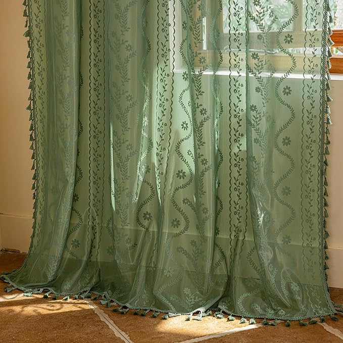 WAZZIO Boho Lace Curtains 2 Panels 84 Inches -Vintage Victorian Sheer Panel Drape French Country Floral Pattern & Tassel Light Filtering Privacy for Bedroom Dining Living Room,Dark Sage Green,W52x L84