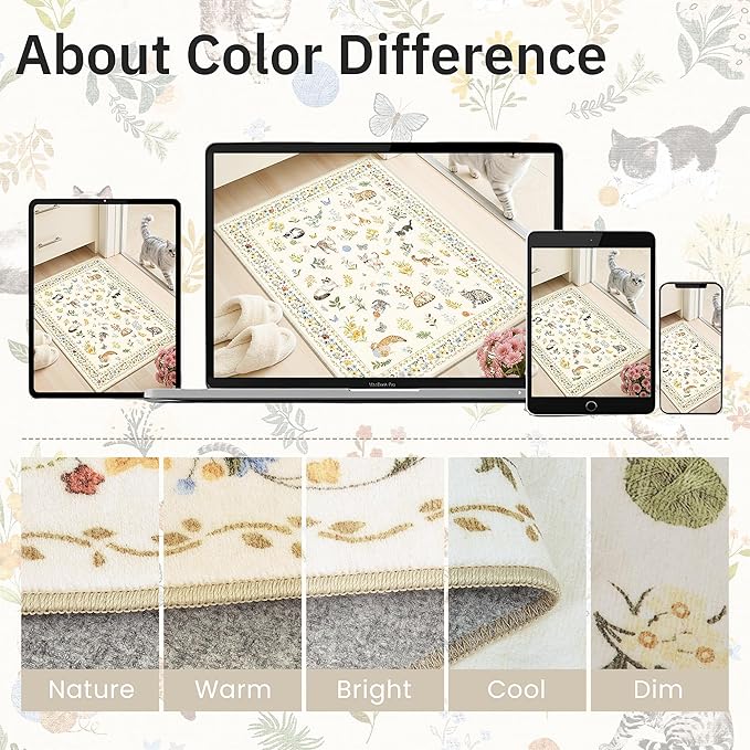 Cat 3x5 Area Rugs for Entryway, Machine Washable Animal Floral Accent Rug Non-Slip Low Pile Soft Throw Rugs for Kitchen Bedside Living Room Bedroom Kids Room (3 x 5,Beige)