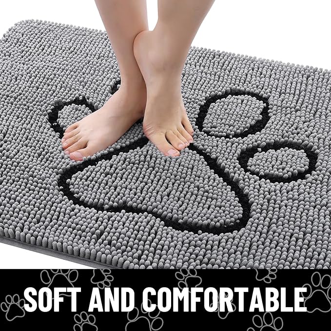 Smiry Dog Door Mat for Muddy Paws, Absorbent Dirt Trapper Non Slip Quick Dry Washable Chenille Mat for Mud Dogs, Entry Rug for Indoor and Outdoor (70x32 Inches, Grey and Black)