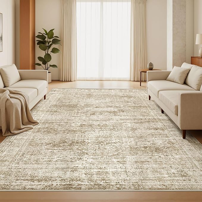 5x7 Area Rugs, Ultra-Thin Washable Rugs for Living Room, Anti-Slip Backing Area Rug for Bedroom, Soft Abstract Vintage Home Decor Rug for Dining Room(5'x7', Brown/Ivory)