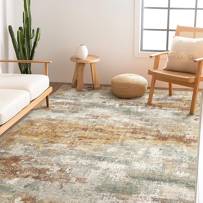 Area Rugs 5x8 for Living Room Bedroom, Modern Abstract Machine Washable Rug, Large Soft Low Pile Floor Carpet with Non Slip Backing for Dining Room, Orange Green
