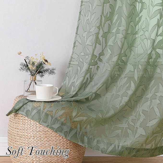 Lecloud Leia Sage Green Sheer Curtains 96 Inches Long 2 Panels, Airy Voile Jacquard Leaf Textured Curtains, Light Filtering Farmhouse Rod Pocket Curtain Drapes for Bedroom Living Room, 52" W x 96" L