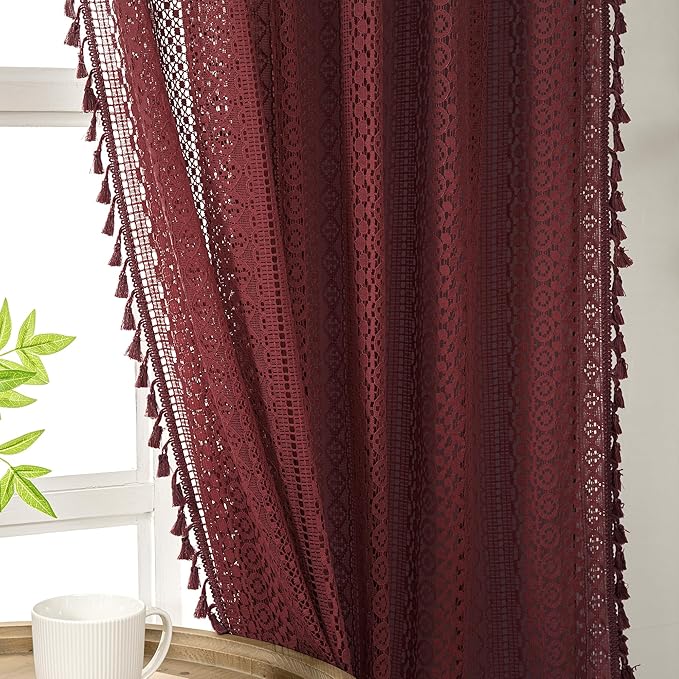 WAZZIO Boho Lace Curtains 84 Inches 2 Panel,Light Filtering Privacy Tassel & Geometry Crochet Semi Sheer Curtain Drapes for Bedroom Living Dining Room,Rod Pocket & Tassel,Burgundy Red