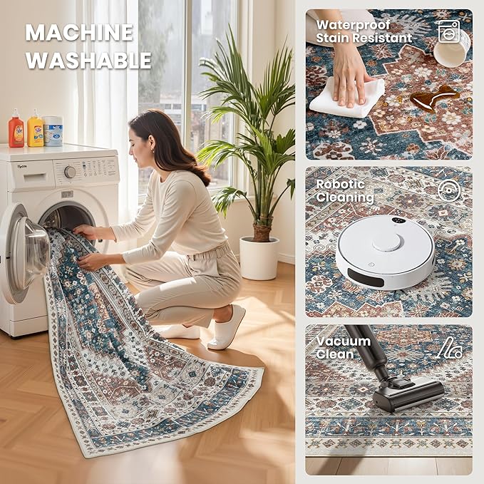 zesthome 5x7 Area Rugs - Ultra-Thin Washble Rug, Stain Resistant Anti Slip Backing Rugs for Living Room,Bedroom, Vintage Home Decor Area Rug (Navy Blue/Red,5'x7')