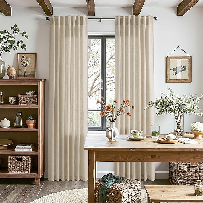 Nanspring Eggshell Beige Curtains 63 Inch Length for Living Room Linen Blend Luxury Light Filtering Semi Sheer Curtain Back Tab Rustic Decor Neutral Elegant Drapes for Bedroom Office 52x63, 2 Panels