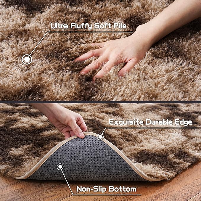 Pionblank 8x10 Rug for Living Room, Fuzzy Plush Large Area Rug Brown, Fluffy Modern Shag Non Slip Soft Furry Carpet for Bedroom Kids Room Nursery Teens Dorm Home, Tie-Dyed Coffee