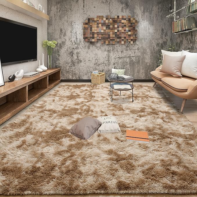 Tepook Fluffy Large Rugs for Living Room, Shag Area Rug 6x9 Soft Carpet for Bedroom, Modern Shaggy Rug for Kids Boys Girls, Plush Indoor Nursery Home Decor Rug with Non-Slip Bottom, Tie-Dyed Beige