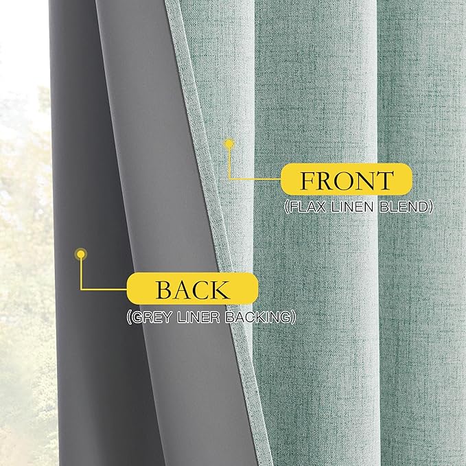 NICETOWN 100% Absolutely Blackout Linen Curtains with Thermal Insulated Liner, Seafoam Green, 62" Wide, 90" Length Energy Saving Curtains for Living Room 2 Panels Set, Vertical Blinds