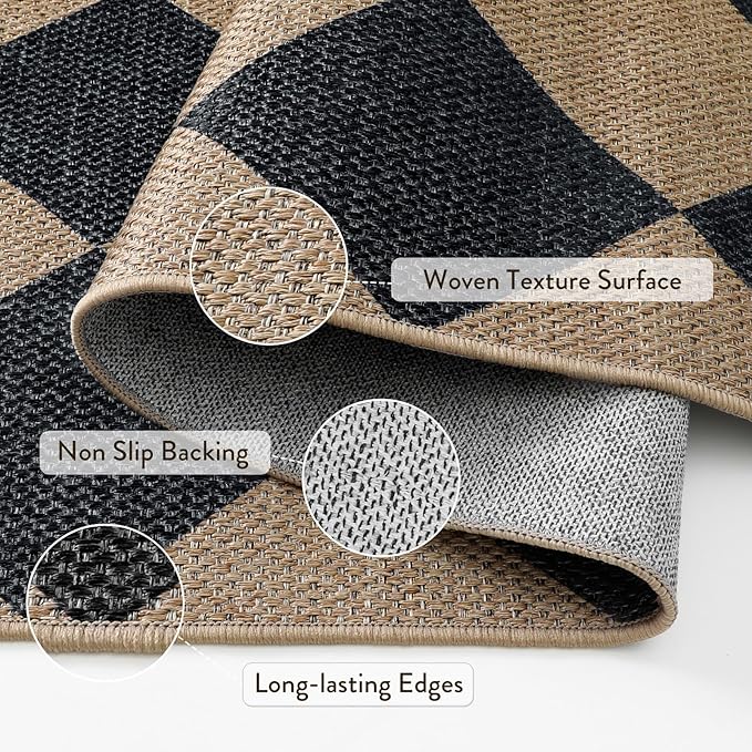 Lahome Colette Checkered Round Entryway Rug 4ft, Circle Indoor Outdoor Patio Rug Washable Farmhouse Easy Jute Kitchen Rugs, Contemporary Non Slip Round Carpet for Bedroom Front Porch