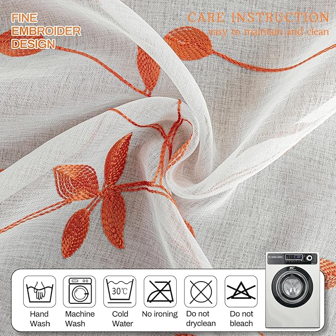AmHoo 2 Panels Embroidered Leaf Pattern Semi Sheer Curtains Foliage Floral Voile Window Draperies Treatment for Bedroom Living Room Rod Pocket White Burnt Orange 53 x 63 Inch