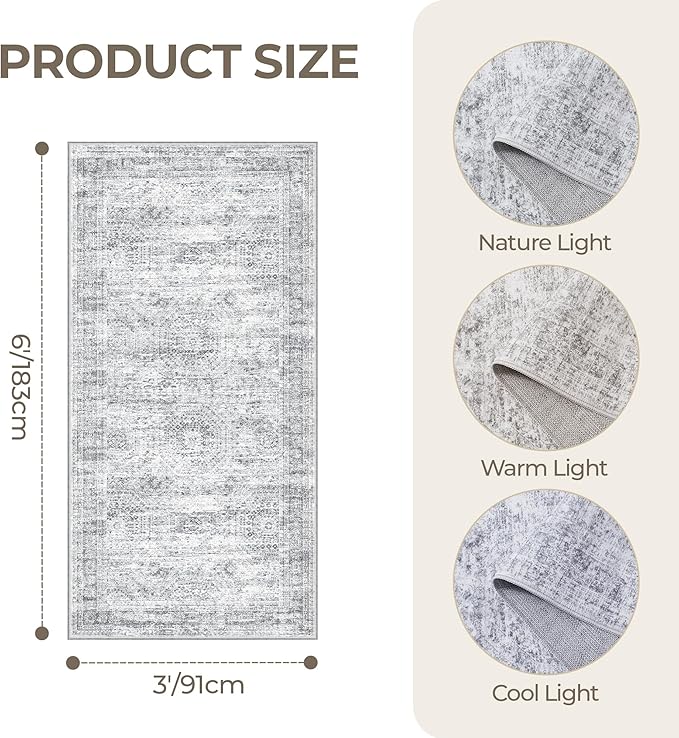 3x6 Runner Rug Non Slip, Thin Entryway Washable Rug for Entryway, Runners for Hallways, Low Pile Vintage Abstract Soft Rugs for Living Room, Kitchen, Bedroom (3'x6', Grey/Ivory)