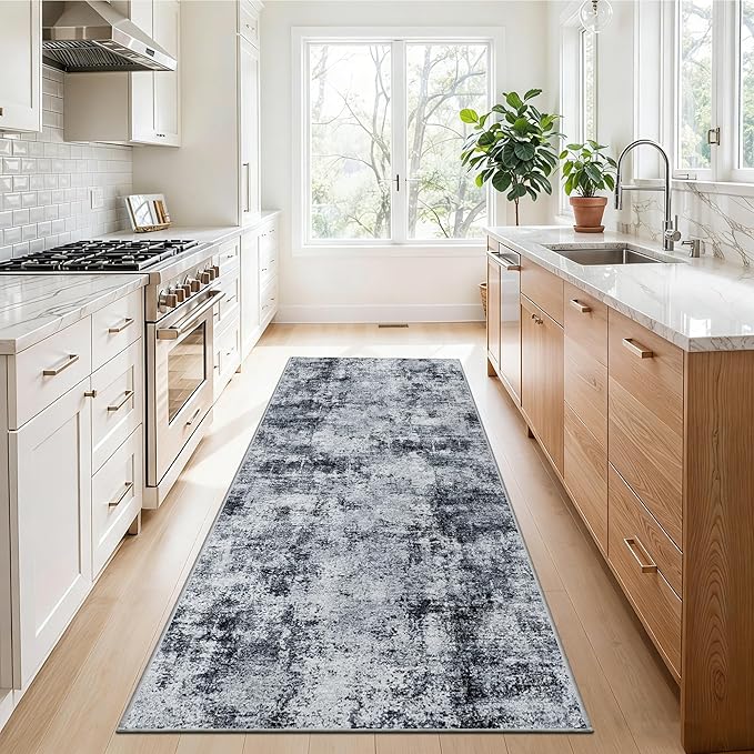 Hallway Runner Rug 2x8 Washable: Entryway Runners Rugs Non Slip Easy-to-Clean - Soft Living Room Bedroom Carpet - Thin Low Pile Printed Floor Mat for Dining Room Black Grey