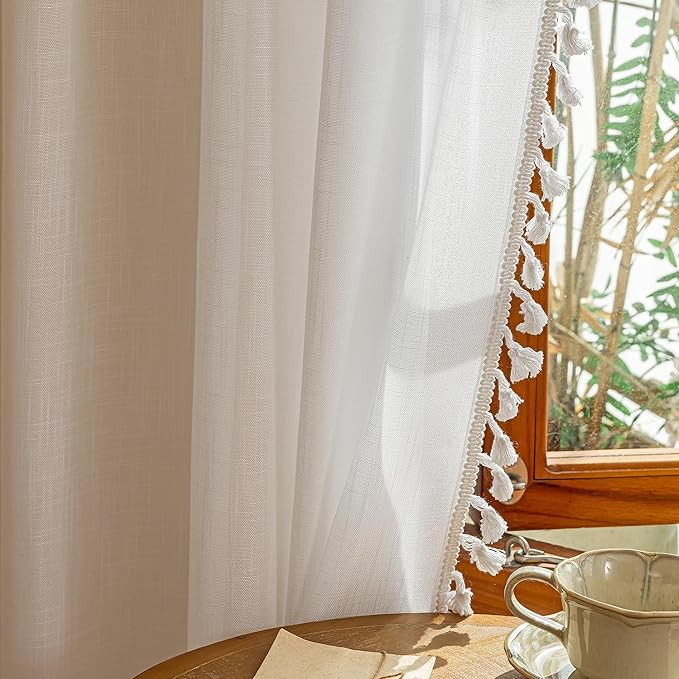 MYSKY HOME Semi Sheer Light Filtering White Bohemian Curtains for Sliding Door 96 Inches Long，Back Tab Ceiling Curtains with Tassel for Living Room Bedroom, 50" x 96"，Pure White，2 Pieces