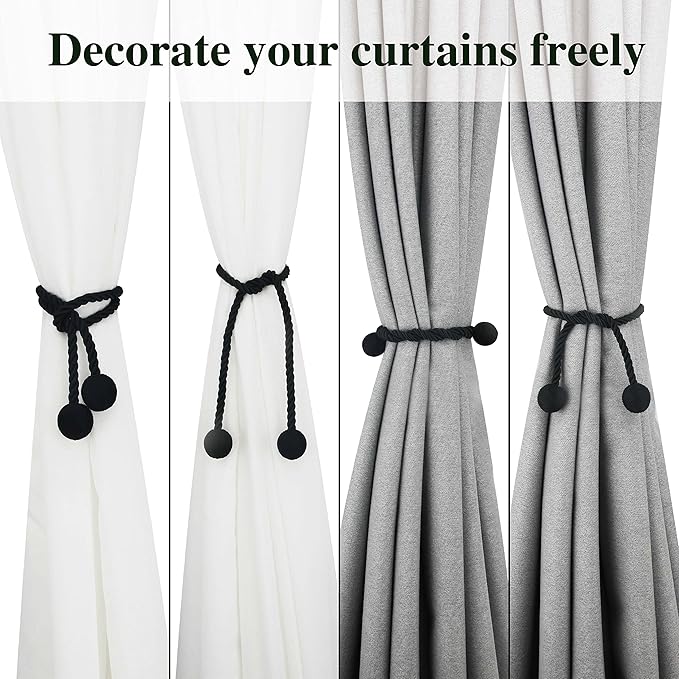 Curtain Tiebacks Outdoor Elegant Decorative Tie Backs Modern Rope Tiebacks for Drapes Window Curtain Holdbacks for Draperies (Black, 4)