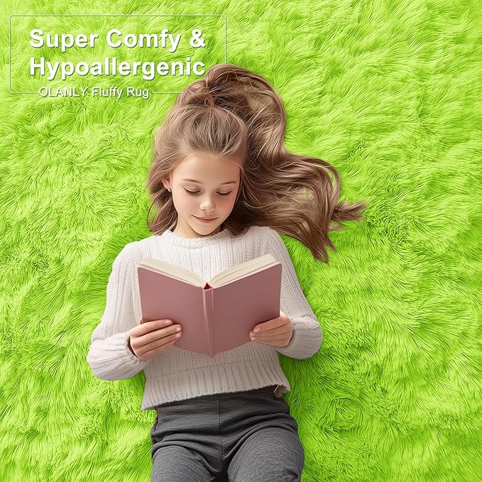 OLANLY Area Rugs for Living Room Bedroom, Machine Washable 4x5.9 ft Soft Fluffy Shaggy Bedside Rug, Indoor Floor Carpet for Kids Girls and Boys, Dorms, Nursery Rooms, Home Decor Aesthetic, Lime Green
