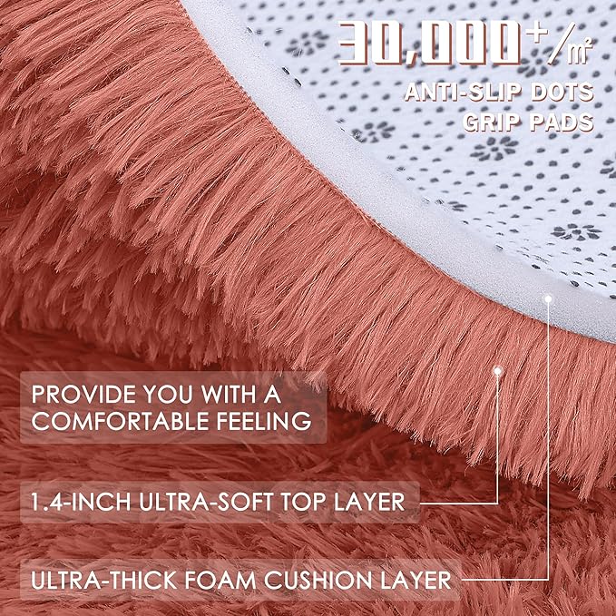OLANLY Rust Red Round Rugs for Bedroom - Machine Washable, 8 ft Circle Area Rugs for Living Room, Soft and Fluffy Shaggy Carpet for Teen Girl and Boys, Nursery Rooms, Dorms, Home Decor Aesthetic