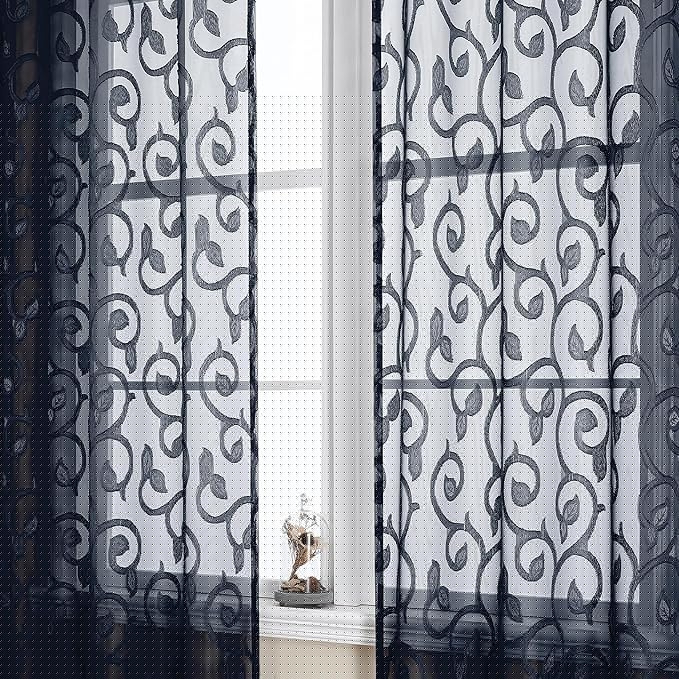 OWENIE Furman Sheer Curtains 84 inches Long for Bedroom Living Room 2 Panels Set, Clip Jacquard Solid Navy Blue Semi Sheer Curtains, Light Filtering Rod Pocket Privacy Window Curtains, 40Wx84L inch