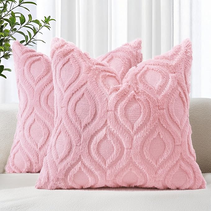 decorUhome Summer Throw Pillow Covers 16x16 Inch Set of 2, Soft Plush Faux Wool Light Pink Solid Couch Pillow Covers, Accent Farmhouse Neutral Square Pillow Cases for Sofa Bed Living Room
