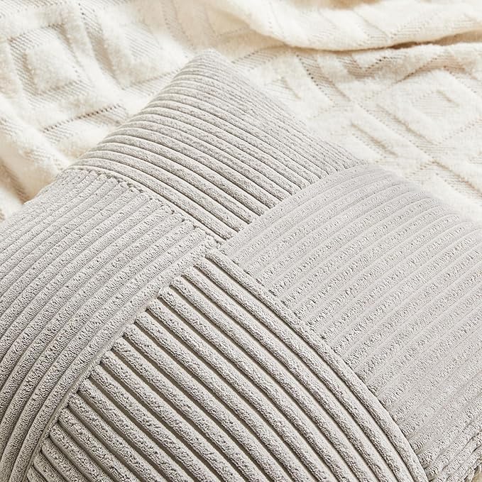 Fancy Homi 2 Packs Neutral Grey Lumbar Decorative Throw Pillow Covers 16x28 Inch for Living Room Couch Bed Sofa, Farmhouse Home Decor, Soft Striped Corduroy Rectangle Accent Cushion Case 40x70 cm