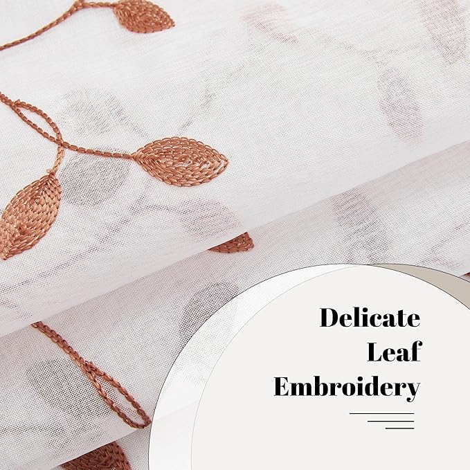 MRTREES Sheer Christmas Curtain Valance, Autumn Leaves Embroidered Valances Curtains Rod Pocket, 54x16 Inches Short Window Treatment for Living Room Kitchen Festival Decor(1 Panel, Terracotta Leaves)