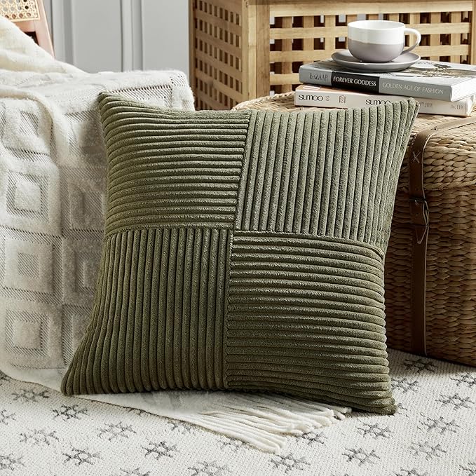 Fancy Homi 2 Packs Olive Green Euro Decorative Throw Pillow Covers 28x28 Inch Room Couch Bed, Rustic Farmhouse Boho Home Decor, Soft Corss Corduroy Patchwork Textured Cushion Case 71x71 cm