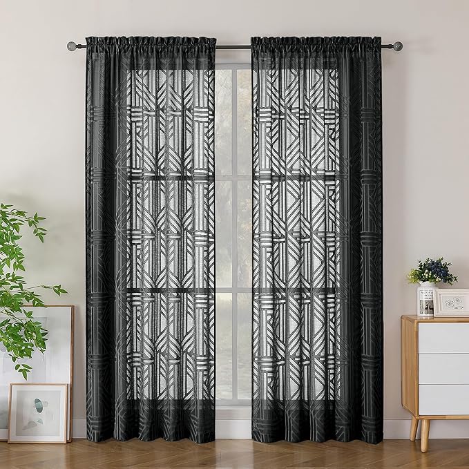 Simplebrand Semi Sheer Black Curtains 78 Inch Length 2 Panels, Geometric Jacquard Clip Textured Short Sheer Curtains for Bedroom，Modern Elegant Window Curtains Panels/Drapes/Treatment Sheer，42x78 inch