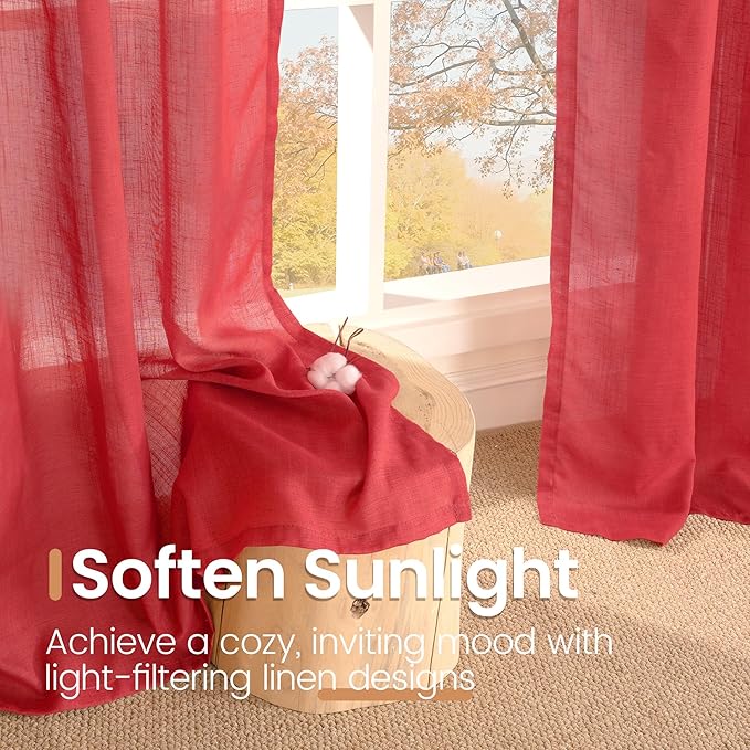 BGment Short Red Linen Curtains 48 Inch Length for Windows, Light Filtering Drapes Semi Sheer with Rod Pocket for Small Bedroom Living Room Lightweight, 2 Panels Set, Each 42 Inch Wide