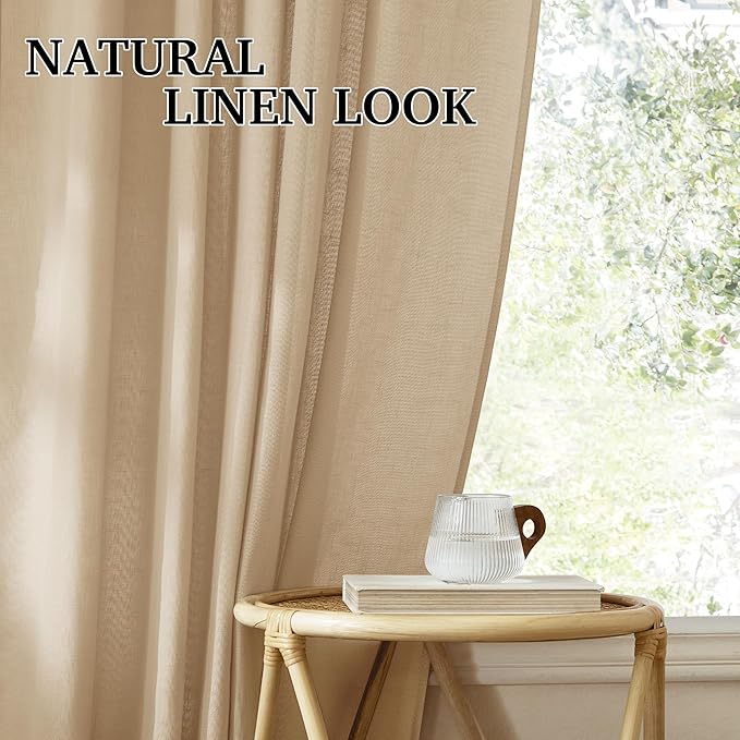 RYB HOME Boho Curtains 90 inches Long, Soft Linen Woved Lightweight Back Tab Light Filtering Fabric Shades for Dining Room Guest Room, W 52 x L90 inches, 2 Panels Set