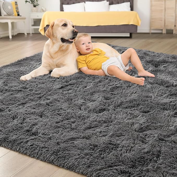 Tepook Soft Fluffy Rugs for Bedroom, 4x6 Area Rug for Living Room, Modern Shaggy Room Rug for Kids Boys Girls, Plush Throw Rugs Indoor Nursery Home Decor Rug with Non-Slip Bottom, Dark Grey