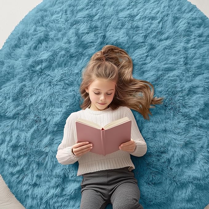 OLANLY Slate Blue Round Rugs for Bedroom - Machine Washable, 2 ft Circle Area Rugs for Living Room, Soft and Fluffy Shaggy Carpet for Teen Girl and Boys, Nursery Rooms, Dorms, Home Decor Aesthetic
