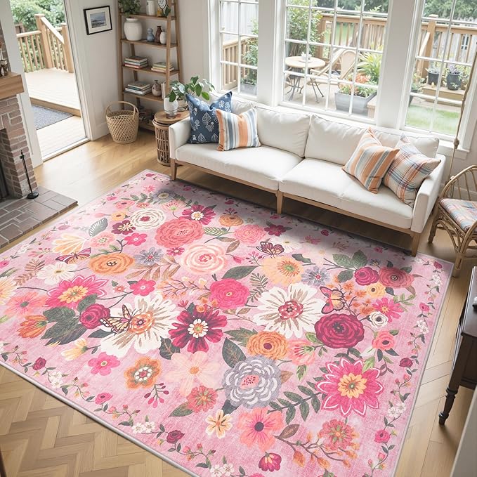 Pink Floral Girls Room Rug 5x7, Non-Slip Washable Rugs for Bedroom Living Room Nursery Kitchen Dining Room Indoor, Ultra-Thin Soft Stain Resistant Girls Room Decor(5 x 7, Pink Garden)
