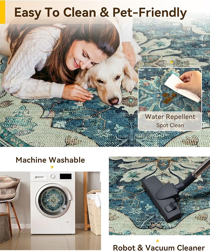 RELEANY Area Rugs 6ft Washable Non-Slip, Floral Vintage Distress Print Pattern Medallion Carpet for Living Room Bedroom Dining Room, Dark Blue Vintage