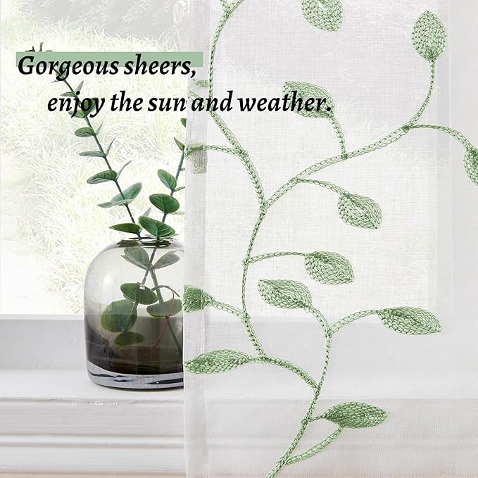MRTREES Sheer Voile Curtain Valances, Leaves Embroidered Valance Curtains Rod Pocket, Small Sheer Window Curtains Treatment for Bedroom/Living Room/Bathroom(1 Panel, 54x16 Inch, Greyish Green Leaves)