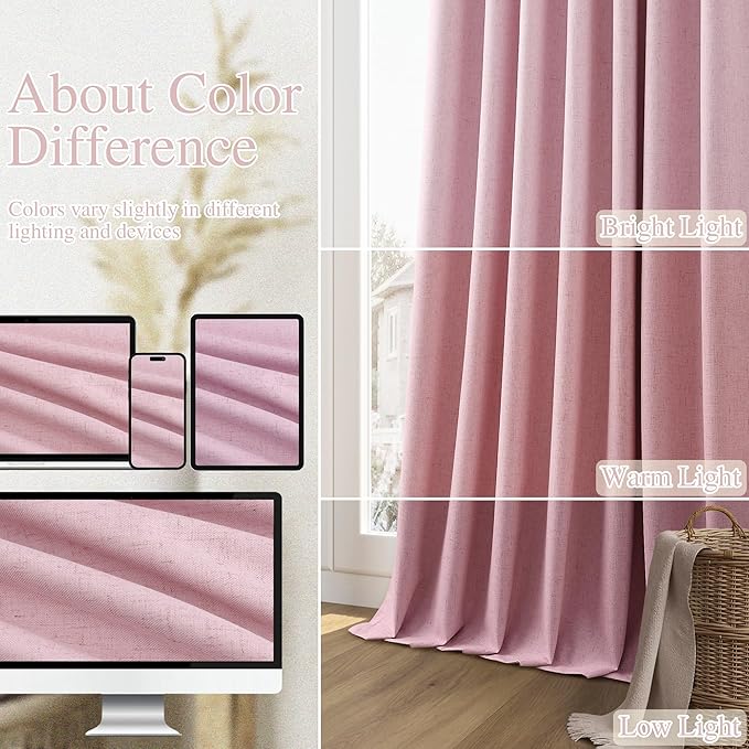 Guken 100% Blackout Curtains 90 Inch Length 2 Panels Set for Living Room Bedroom Back Tab Thermal Insulated Black Out Linen Drapes Room Darkening Rose,52x90