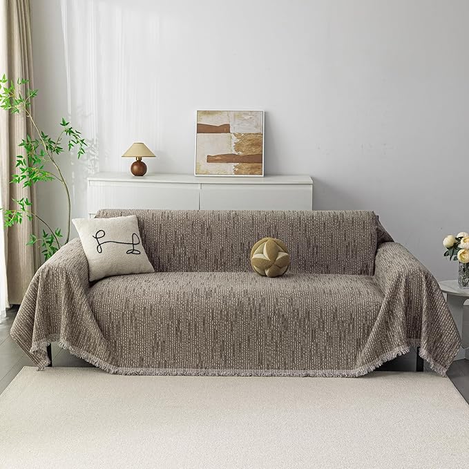 MYSKY HOME Boho Couch Cover Sand Sofa Covers Washable, Farmhouse Sofa Slipcover Simple Couch Protector for Dogs Chenille Sectional Couch Covers L Shaped Couch Cushion Covers, 91"x 134"