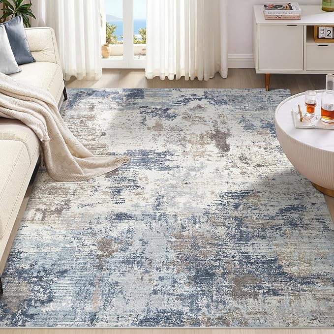 UERMEI 5x7 Area Rug Living Room Rugs Thickened - Washable Neutral Modern Abstract Soft Rug Indoor Floor No Slip Rug Carpet for Bedroom Under Dining Table Home Office Decor - Denim Blue