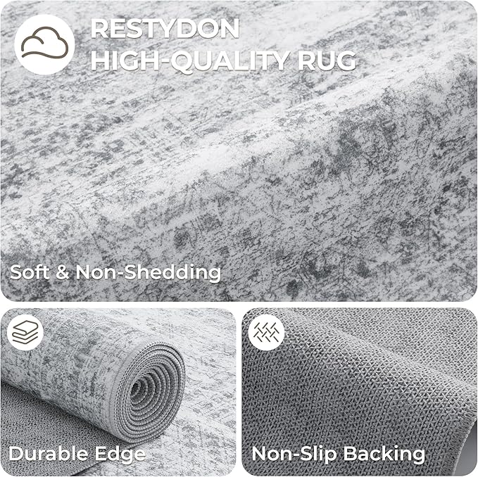 4x8 Rug for Bedroom,Wide Runner Rug for Hallway, Non Slip Washable Runner Rug for Living Room, Low Pile Soft Entryway Kitchen Rug, Modern Home Decor Mat for Dining Room(4'x8', Grey/Ivory)